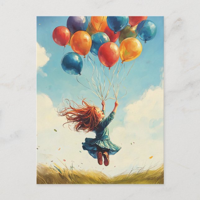 Flyta flicka med ballonger vykort (Framsida)
