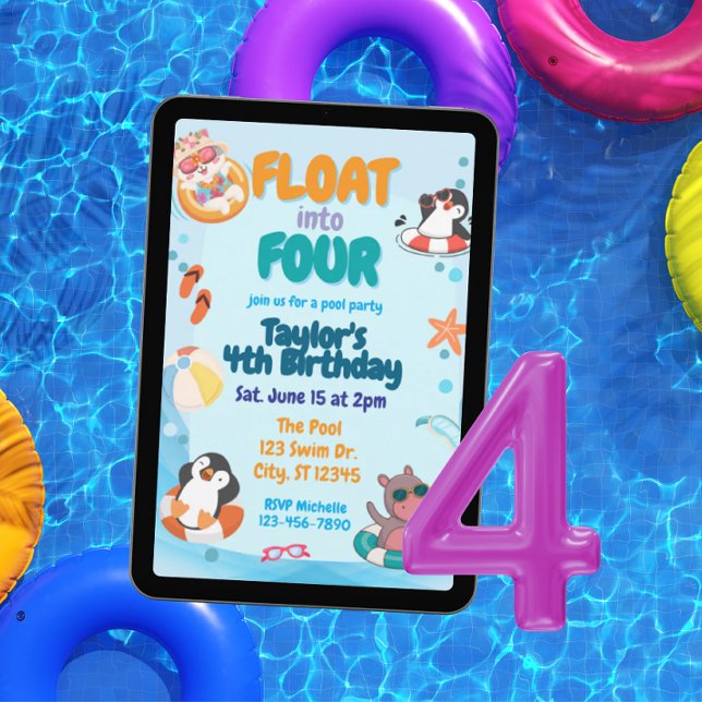 Flyta in i Four, Pool Animals 4-års födelsedag Inbjudningar (Skapare uppladdad)