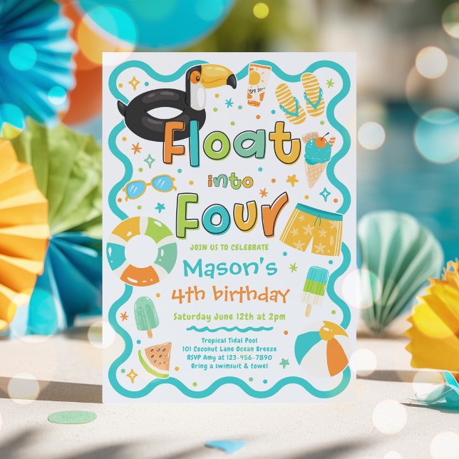 Flyta in i fyra sommar poolparty 4-års födelsedag inbjudningar (Skapare uppladdad)