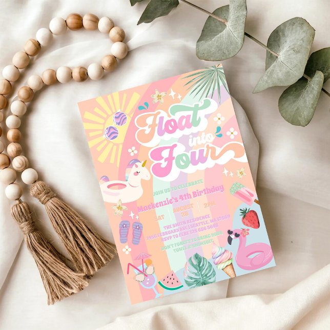 Flyta in i fyra sommarregnbåge sol 4-års födelseda inbjudningar (Skapare uppladdad)