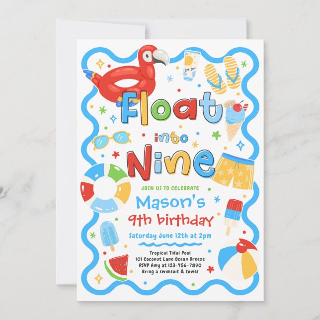 Flyta in i nio sommar poolparty 9-årsdag inbjudningar (Framsida)