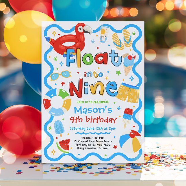 Flyta in i nio sommar poolparty 9-årsdag inbjudningar (Skapare uppladdad)