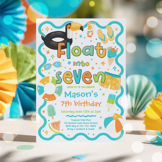 Flyta in i sju sommar poolparty 7-års födelsedag inbjudningar (Skapare uppladdad)
