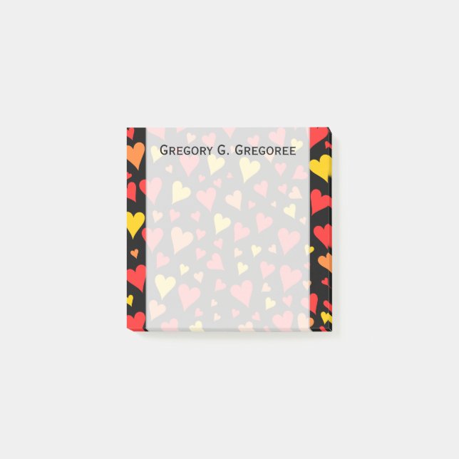 Flyta mönster för röda, orange- och gulthjärtor post-it block (Framsida)