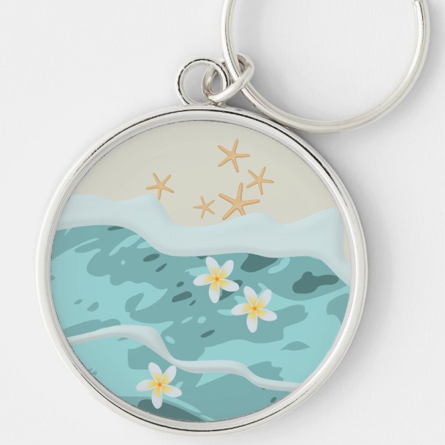 Flytande av Frangipanis på Beach Wave Meet Starfis Rund Silverfärgad Nyckelring (Framsidan)