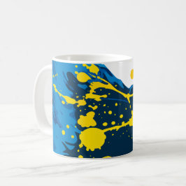 Flytande blå vågor med gula färgsprut kaffemugg
