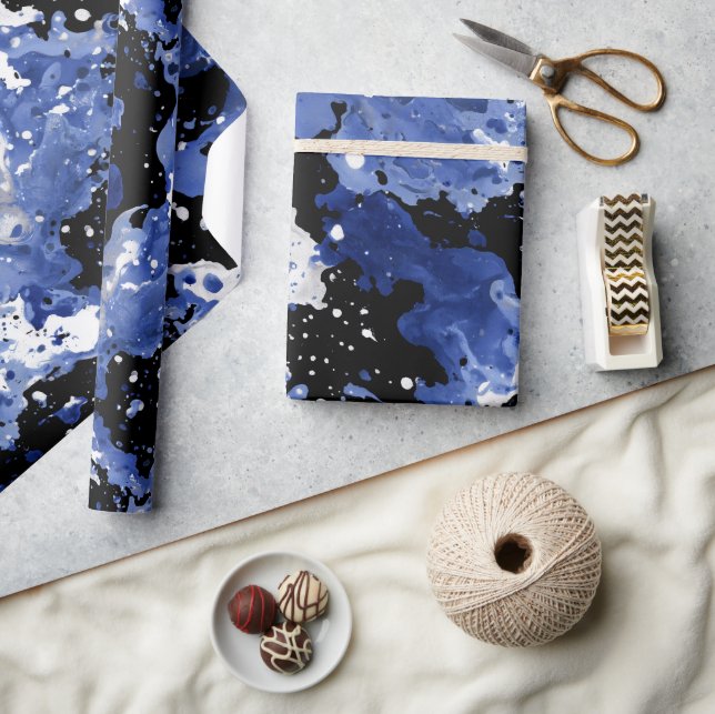 Flytande bläck Indigo Svart Stänk Abstrakt Mönster Presentpapper (Hantverk)