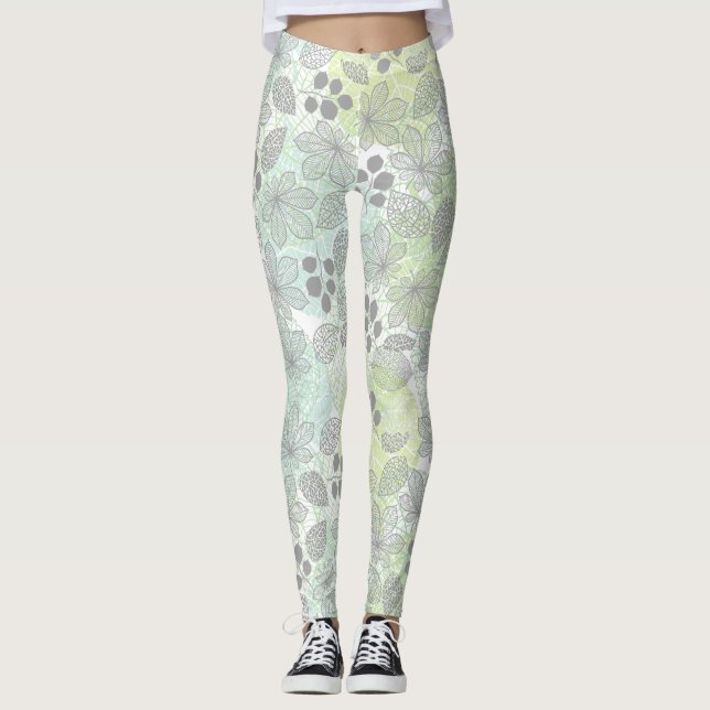 Flytande Blommor och Löv Mönster Leggings (Framsida)