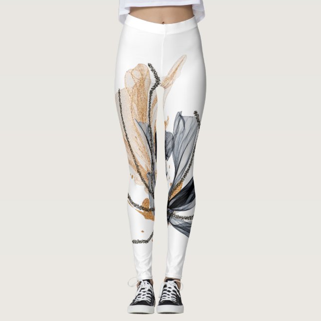 Flytande blomsterdesign Leggings Svart & Guld Färg (Framsida)