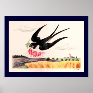 Flytande fåglar med blommor poster