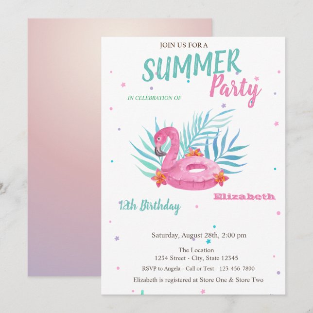 Flytande flamingobassäng sommarfödelsedagsfest  inbjudningar (Fram/baksida)