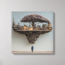 Flytande Förstörd Stad Blomstrande Träd Surrealist Canvastryck