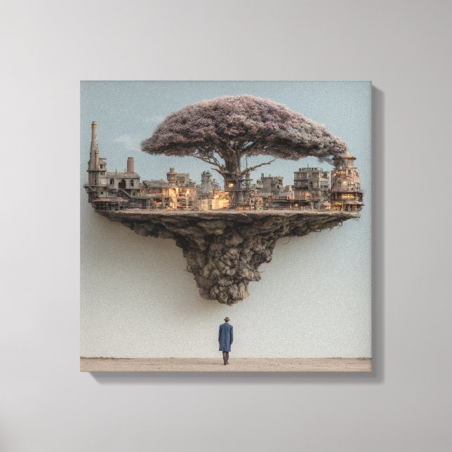 Flytande Förstörd Stad Blomstrande Träd Surrealist Canvastryck (Framsida)