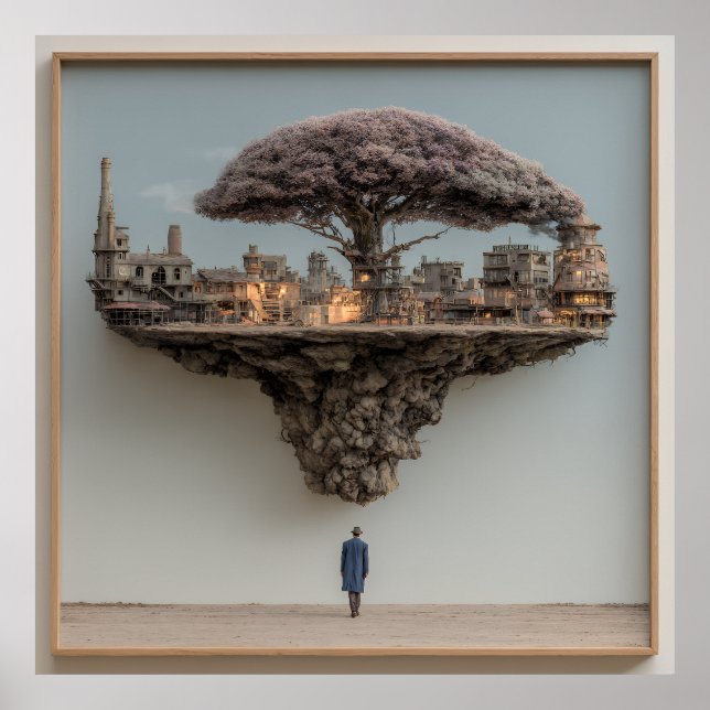 Flytande Förstörd Stad Blomstrande Träd Surrealist Poster (Framsidan)