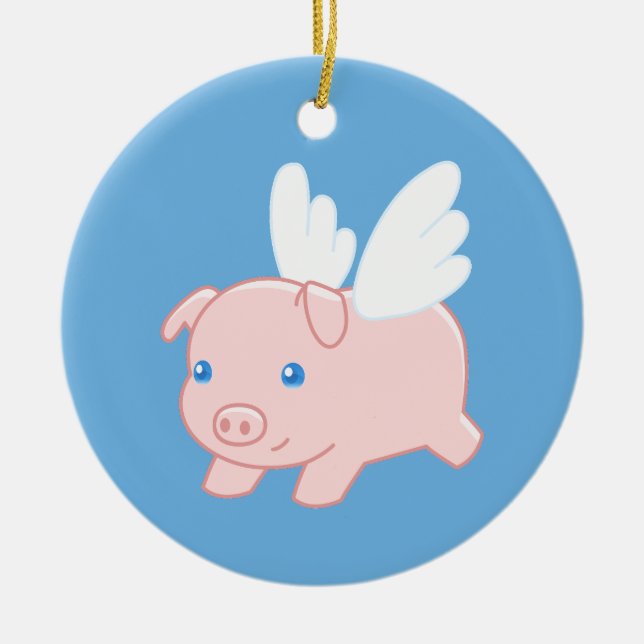 Flytande Gris - Svin med Vingar på blå Julgransprydnad Keramik (Framsidan)