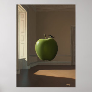 Flytande Grönt Äpple och Fågel – Surreal Drömlands Poster