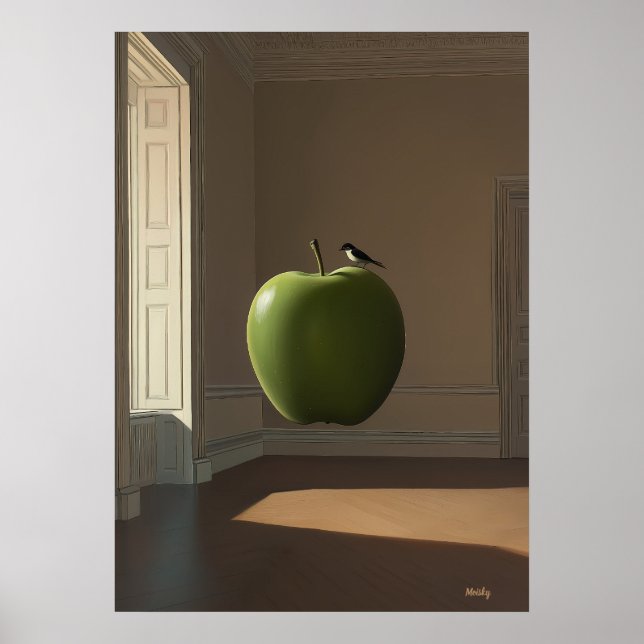 Flytande Grönt Äpple och Fågel – Surreal Drömlands Poster (Framsidan)