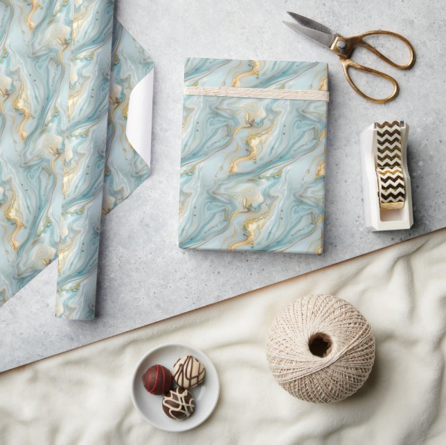 Flytande Guld Marble Mönster på vit och Blek Blue Presentpapper (Hantverk)