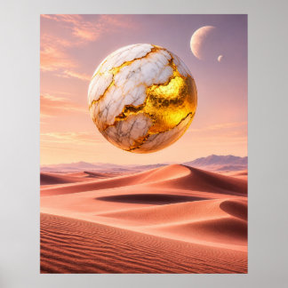 Flytande gyllene sfär - Öken Drömlandskap Poster