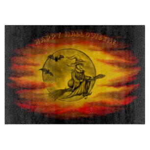 Flytande häxa med svart katt, halloween natt