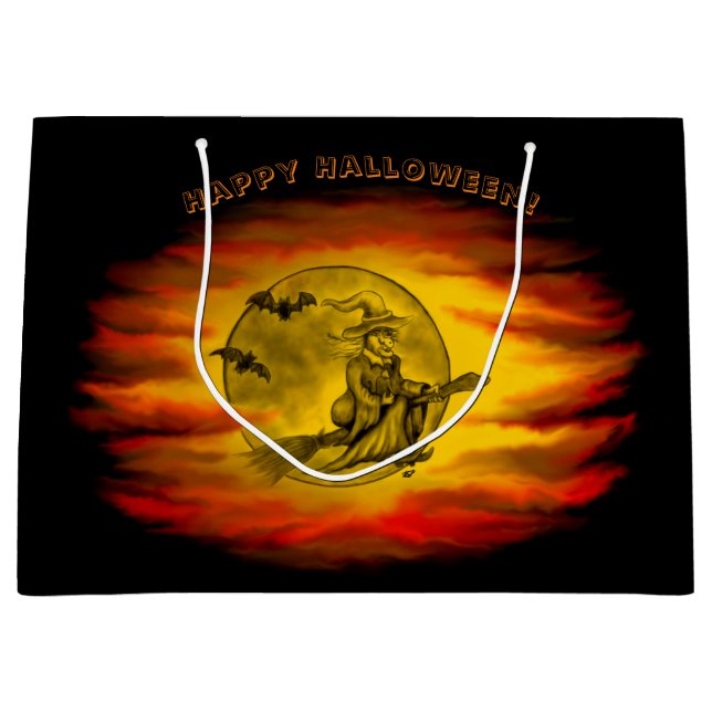 Flytande häxa med svart katt, halloween natt (Framsidan)