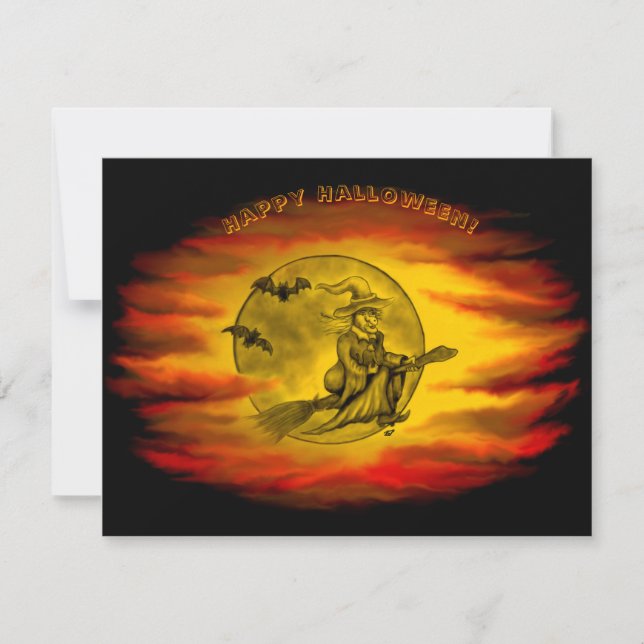 Flytande häxa med svart katt, halloween natt (Framsida)