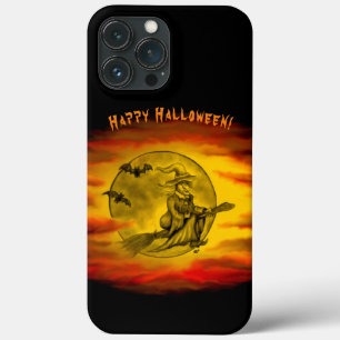 Flytande häxa med svart katt, halloween natt