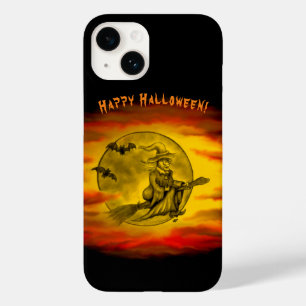 Flytande häxa med svart katt, halloween natt