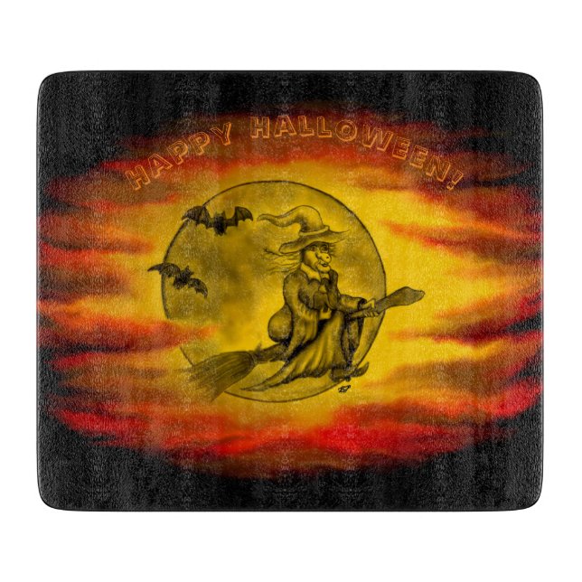 Flytande häxa med svart katt, halloween natt (Framsidan)