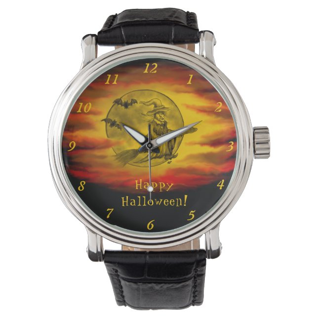 Flytande häxa med svart katt, halloween natt armbandsur (Framsida)