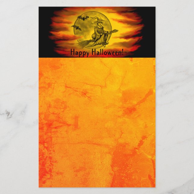 Flytande häxa med svart katt, halloween natt brevpapper (Framsida)