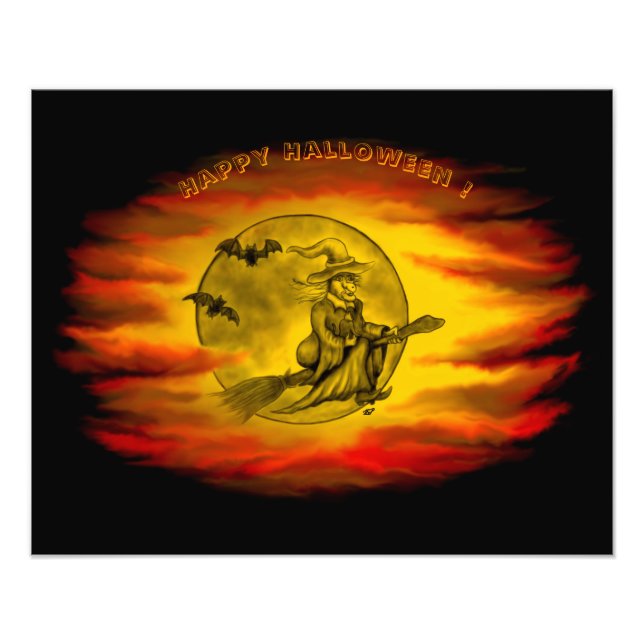 Flytande häxa med svart katt, halloween natt fototryck (Framsidan)