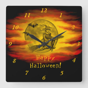 Flytande häxa med svart katt, halloween natt fyrkantig klocka