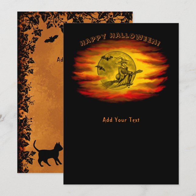 Flytande häxa med svart katt, halloween natt inbjudningar (Fram/baksida)