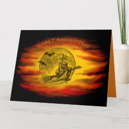 Flytande häxa med svart katt, halloween natt kort