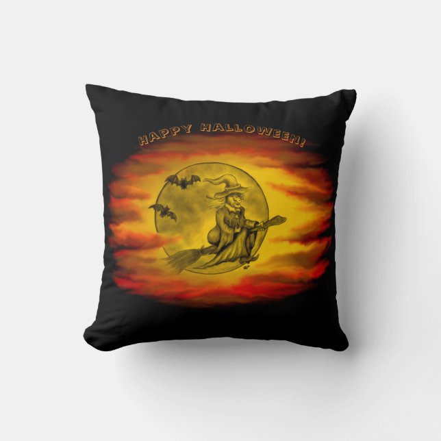 Flytande häxa med svart katt, halloween natt kudde (Framsida)