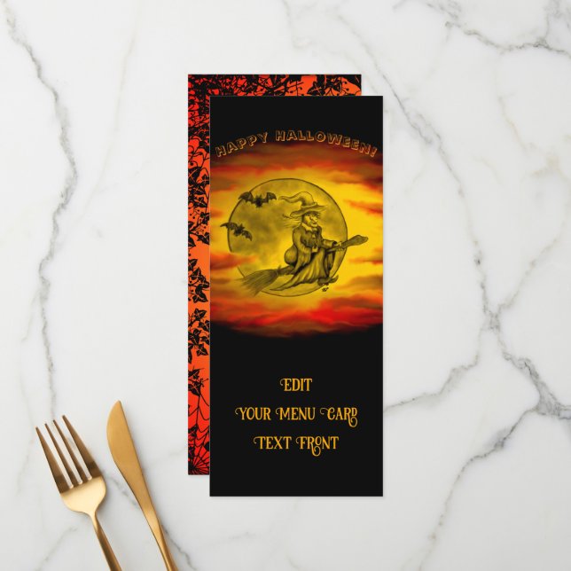Flytande häxa med svart katt, halloween natt meny (Fram/Back In Situ)