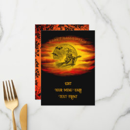 Flytande häxa med svart katt, halloween natt meny