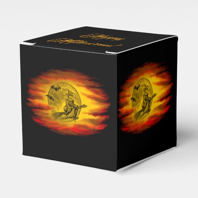 Flytande häxa med svart katt, halloween natt presentaskar (Framsidan Sidan)