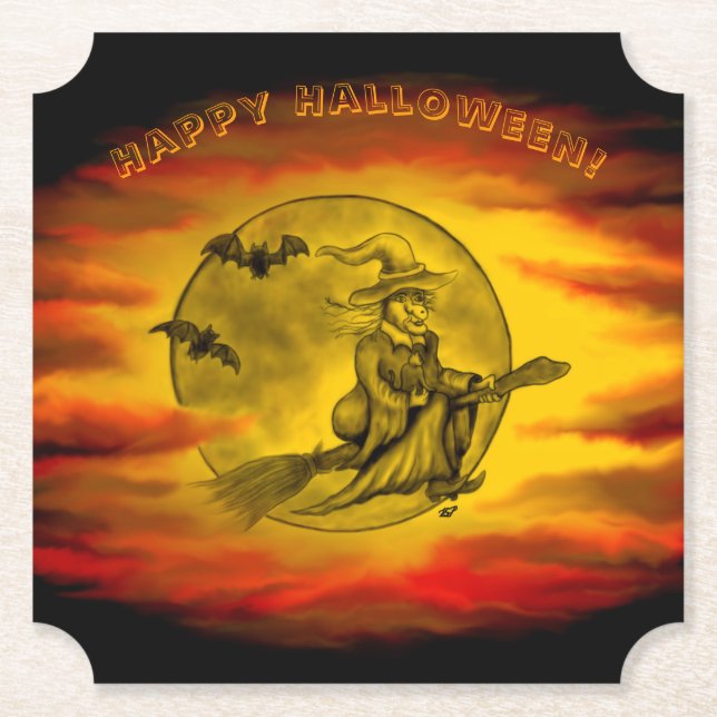Flytande häxa med svart katt, halloween natt underlägg papper (Framsida)