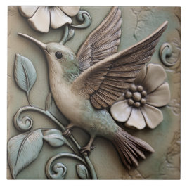 Flytande Hummingbird med Flowers Faux Relief Kakelplatta