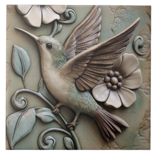 Flytande Hummingbird med Flowers Faux Relief Kakelplatta