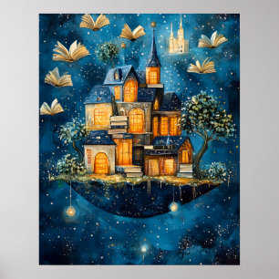 Flytande hus av böcker Fantasy konstaffisch Poster