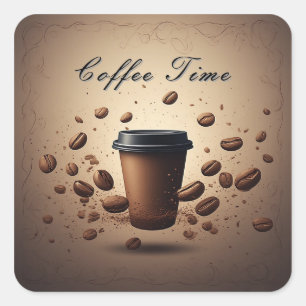 Flytande kaffekopp med kaffebönor fyrkantigt klistermärke