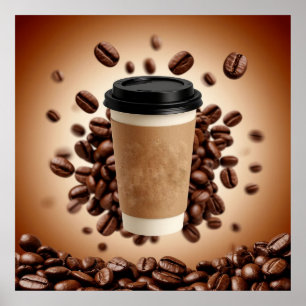 Flytande kaffekopp med kaffebönor poster