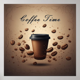 Flytande kaffekopp med kaffebönor poster