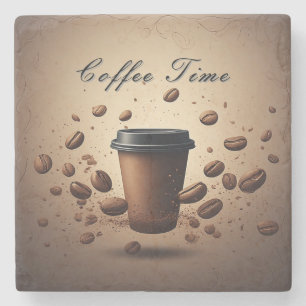 Flytande kaffekopp med kaffebönor stenunderlägg