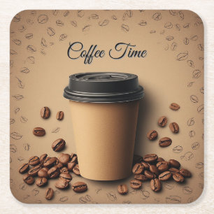 Flytande kaffekopp med kaffebönor underlägg papper kvadrat