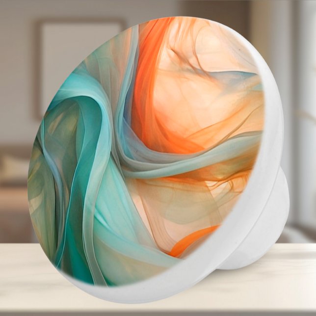 Flytande keramisk knopp av Silke Abstrakt (Ceramic Knob - Artsy Orange & Teal Flowing Silk Fabric - Decor Accent for Bedroom or Bath)