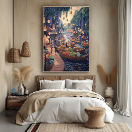 Flytande marknadsscen i pointillistisk stil poster